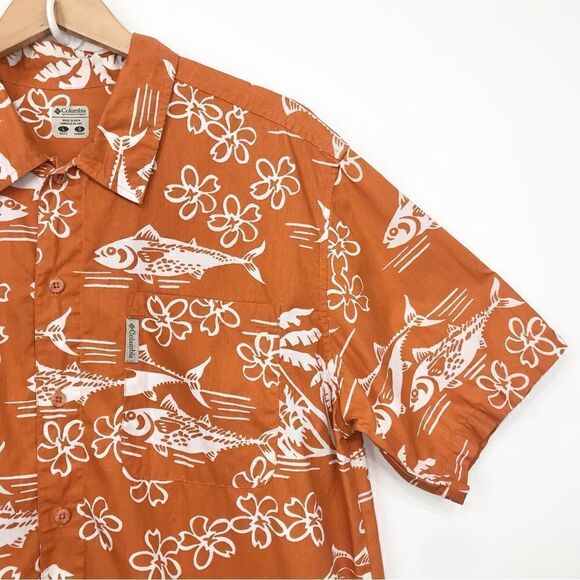 Columbia Orange Tropical Fish Cotton Button Down Short Sleeve Shirt - Picture 4 of 16